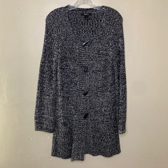 STYLE & CO Cardigan Duster Sweater Black White Marled Toggle Buttons Large - Picture 11 of 12
